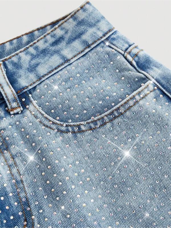 Women's Elegant High-Waisted Wide-Leg Jeans, Fitted Woven Fabric, Rhinestone Embellished, All-Season Fashion Pants