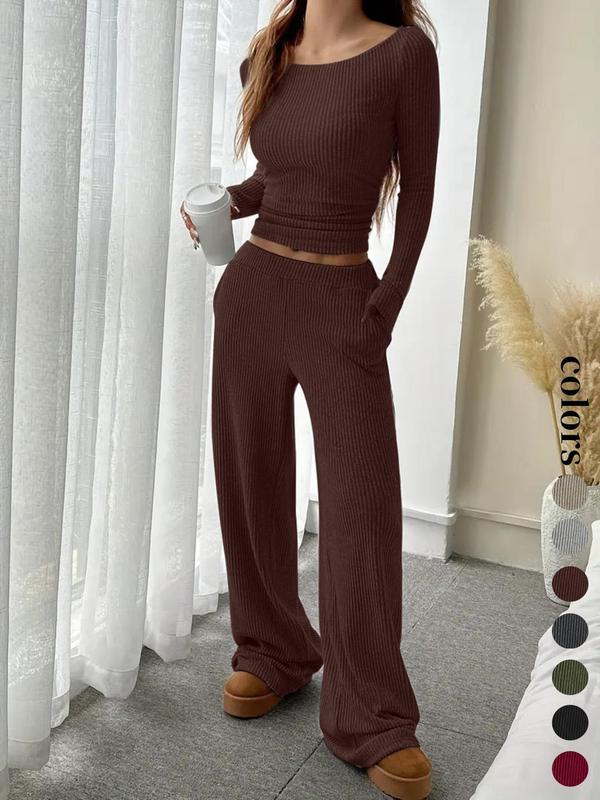 Women's Casual Striped Long Sleeve Top & Loose Pocket Pants Set, European Style Womenswear, Comfortable for Daily Wear