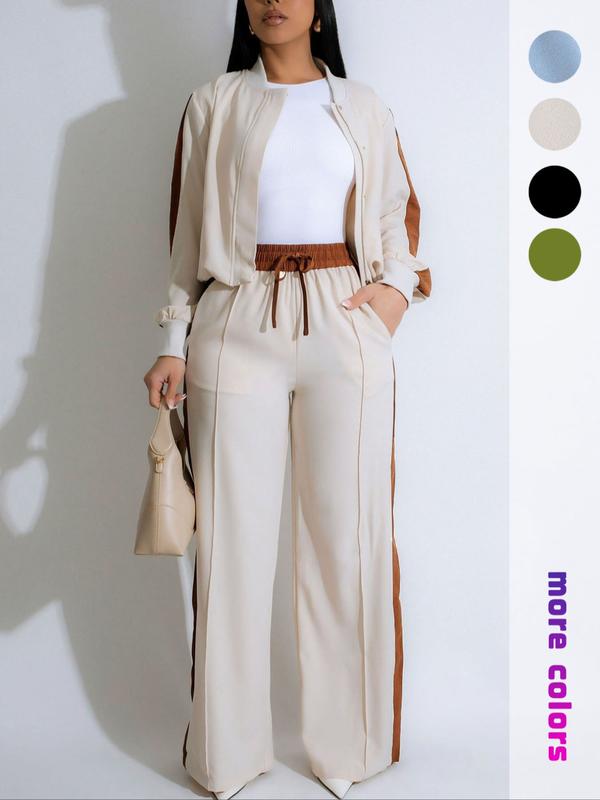 Two-piece Set Women's Patchwork  Top & Wide Leg Pants Set, Casual Long Sleeve  Outerwear & Pants for Daily Wear, Ladies Summer Clothes