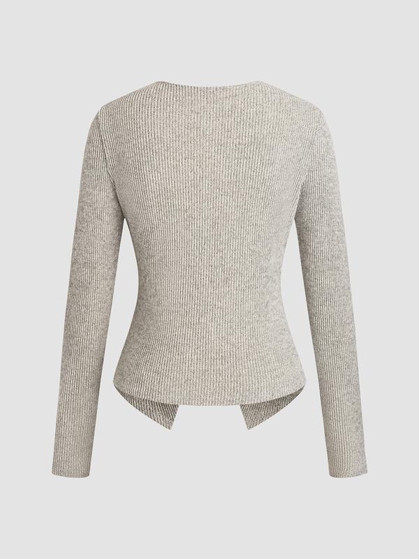 Women's Casual Elegant Ribbed Knit Button Long Sleeve Top, Fitted Plain Design, All Season Wear, Moderate Fabric Thickness