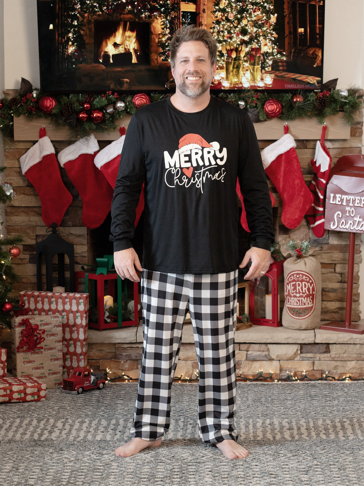 Christmas Family Matching Glow In The Dark Letters Print Long-sleeve Pajamas Sets with Christmas Socks Black+White