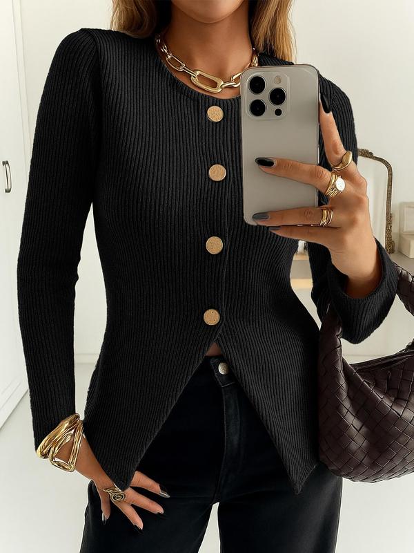 Women's Casual Elegant Ribbed Knit Button Long Sleeve Top, Fitted Plain Design, All Season Wear, Moderate Fabric Thickness