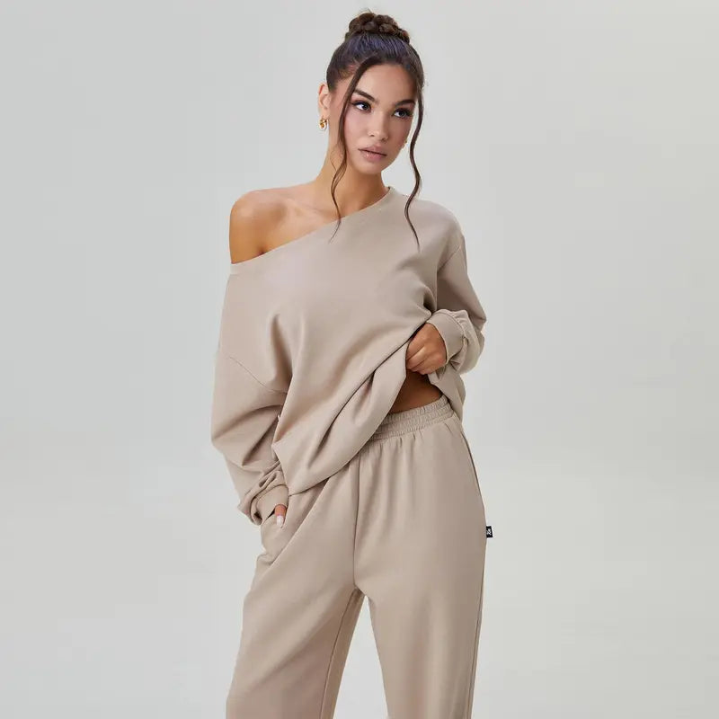 Women's Leisure Solid Color Sloping Shoulder Long Sleeve Top & Wide Leg Trousers Co-ord, Cozy Scoop Neck Loose Two Piece Outfits, Basic Womenswear