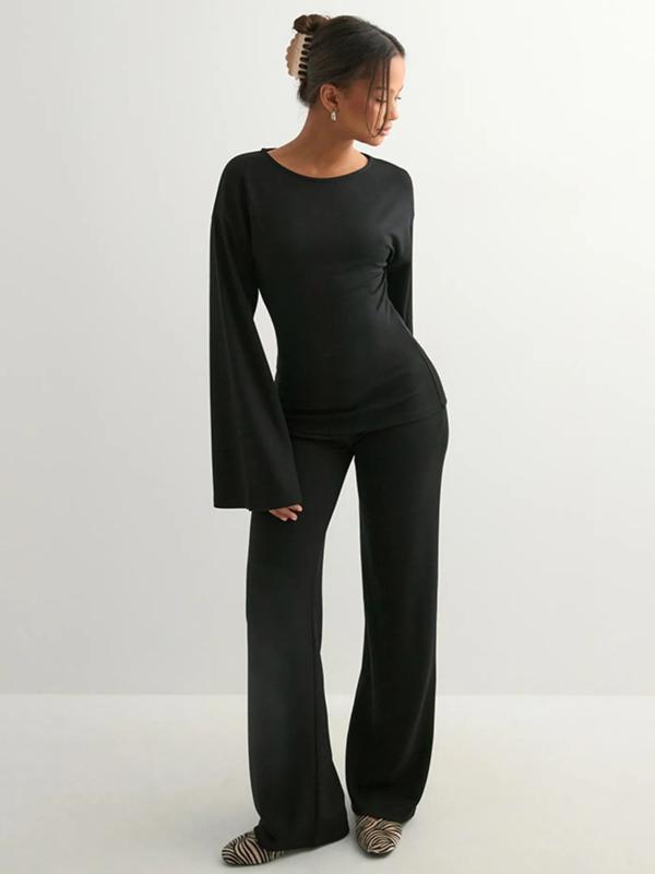 Women's Fall New Round Neck Flare Long Sleeve Top & Elastic Waist Straight Leg Pants Set, Casual Fashion for Daily Wear