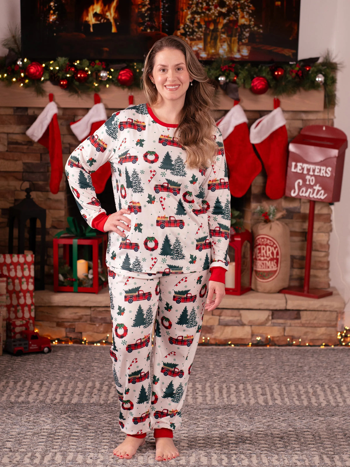 Christmas Family Matching Allover Xmas Tree & Car Print Long-sleeve Pajamas Sets with Christmas Socks Multi-color