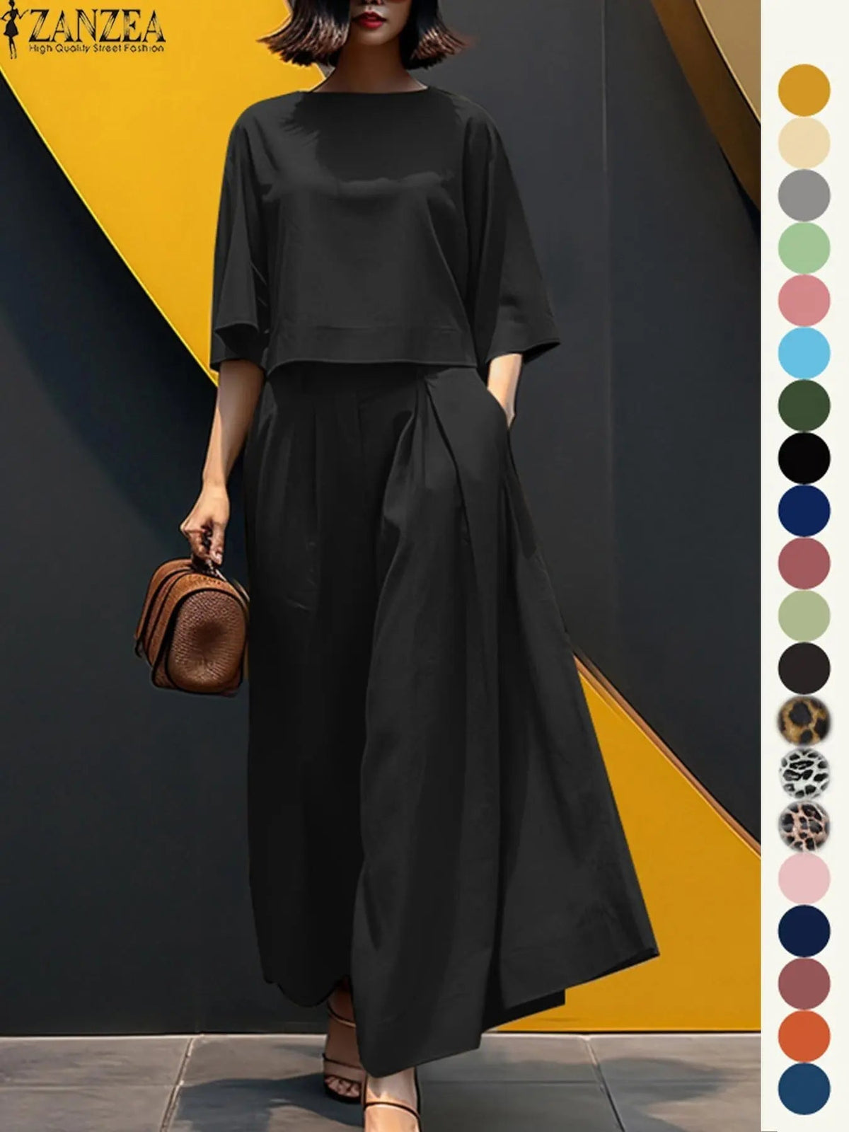Women's Top & Wide Leg Pants Two-piece Set, Casual Fashion Minimalist Cozy Three Quarter Length Sleeve Top & Trousers for Daily Outdoor Wear, Ladies Clothes for All Seasons, Womenswear