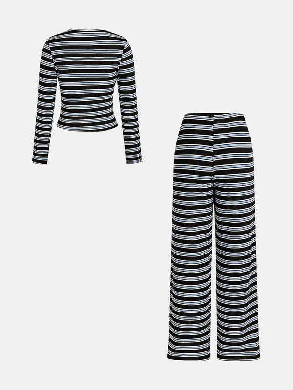 Women's Casual Colorblock Striped Long Sleeve Top & Loose-Fit Pants Set, Perfect for Holidays, Commuting, Daily Wear