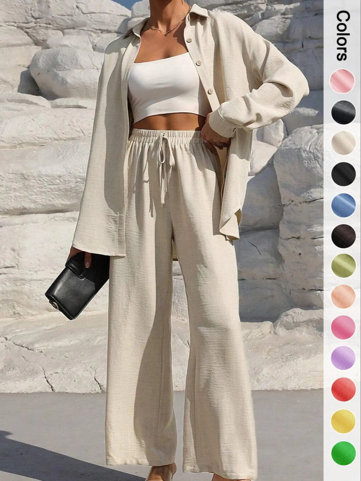 Women's Solid Button Front Shirt & Tie Front Wide Leg Pants Two-piece Set, Casual Drop Shoulder Long Sleeve Top & Trousers 2 Piece Set for Spring & Fall, Women's Clothes for Daily Wear, Casual Outfits Women
