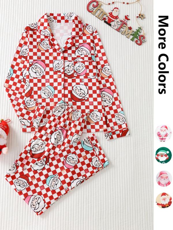 Two-piece Set Women's Christmas Print Button Front Pocket Shirt & Elastic Waist Pants Pyjama, Casual Comfy Long Sleeve Collared Top & Trousers Pyjama Set, Women's Sleepwear for Spring & Fall