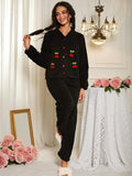 Women's Cherry Decor Fuzzy Lounge Set, Elegant Casual Long Sleeve Top & Pants Set, Women's Sleepwear for Fall & Winter, Pajama