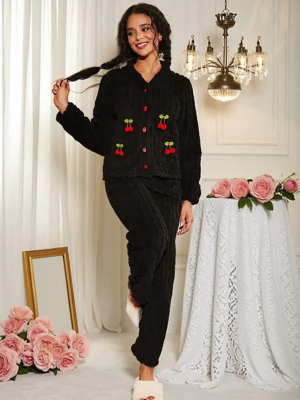 Women's Cherry Decor Fuzzy Lounge Set, Elegant Casual Long Sleeve Top & Pants Set, Women's Sleepwear for Fall & Winter, Pajama