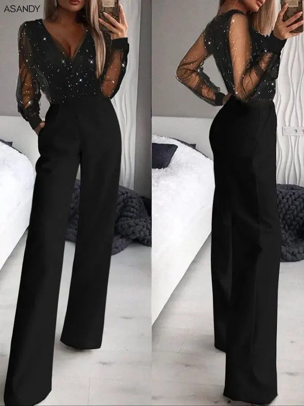 Women's fashionable and sexy black mesh sequin patchwork deep V-neck long-sleeved one-piece slimming wide-leg trousers, suitable for spring and autumn
