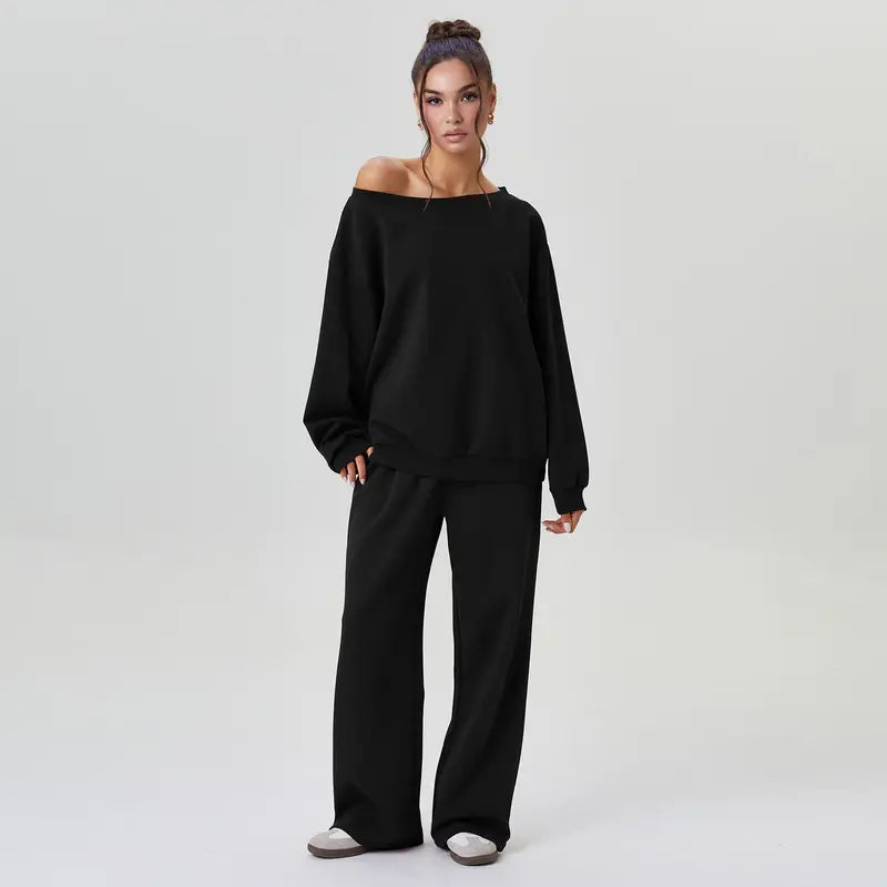 Women's Leisure Solid Color Sloping Shoulder Long Sleeve Top & Wide Leg Trousers Co-ord, Cozy Scoop Neck Loose Two Piece Outfits, Basic Womenswear