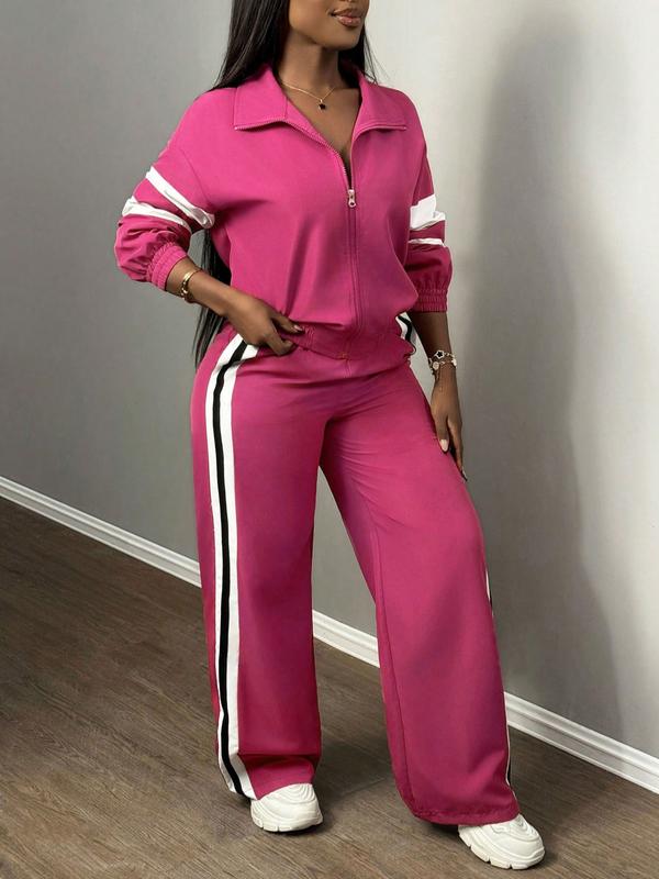 Women's Zipper Jacket & Striped Wide-Leg Pants Set, Streetwear & Casual, Two-Piece Suit for Daily Wear