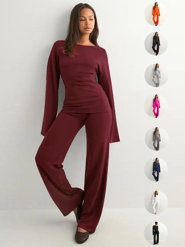 Women's Fall New Round Neck Flare Long Sleeve Top & Elastic Waist Straight Leg Pants Set, Casual Fashion for Daily Wear