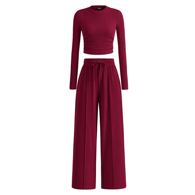 2-Piece Ribbed Knit Long Sleeve Crop Top Wide Leg Pants Matching Lounge Set Loungewear