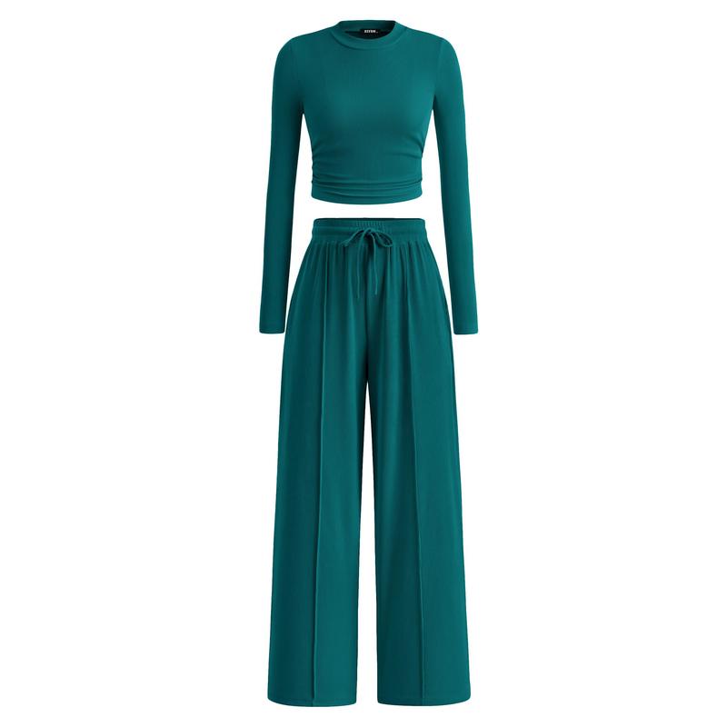2-Piece Ribbed Knit Long Sleeve Crop Top Wide Leg Pants Matching Lounge Set Loungewear