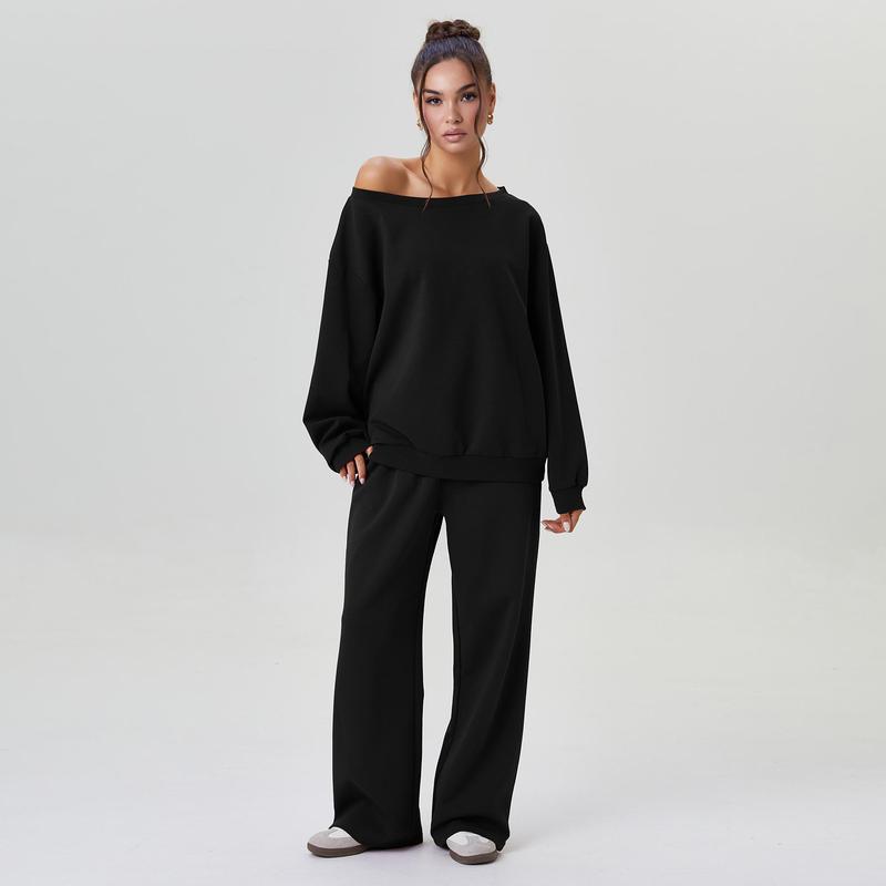 Women's Leisure Solid Color Sloping Shoulder Long Sleeve Top & Wide Leg Trousers Co-ord, Cozy Scoop Neck Loose Two Piece Outfits, Basic Womenswear