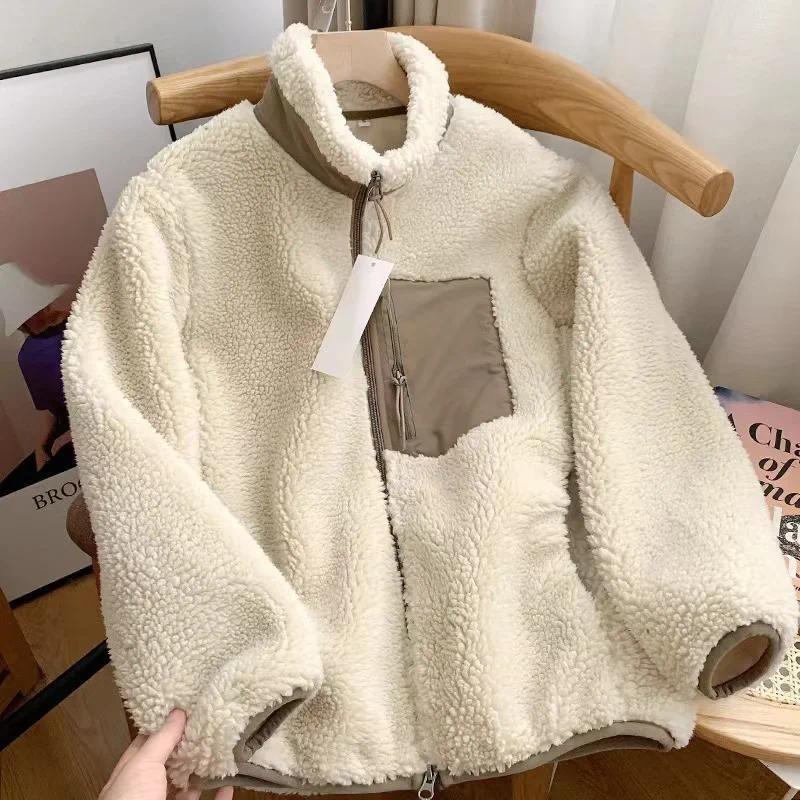 Fashion Lamb Plush Jacket Women's Autumn Winter New Pocket Zipper Long Sleeve Loose Stand Collar Comfort Warm Jacket for Women