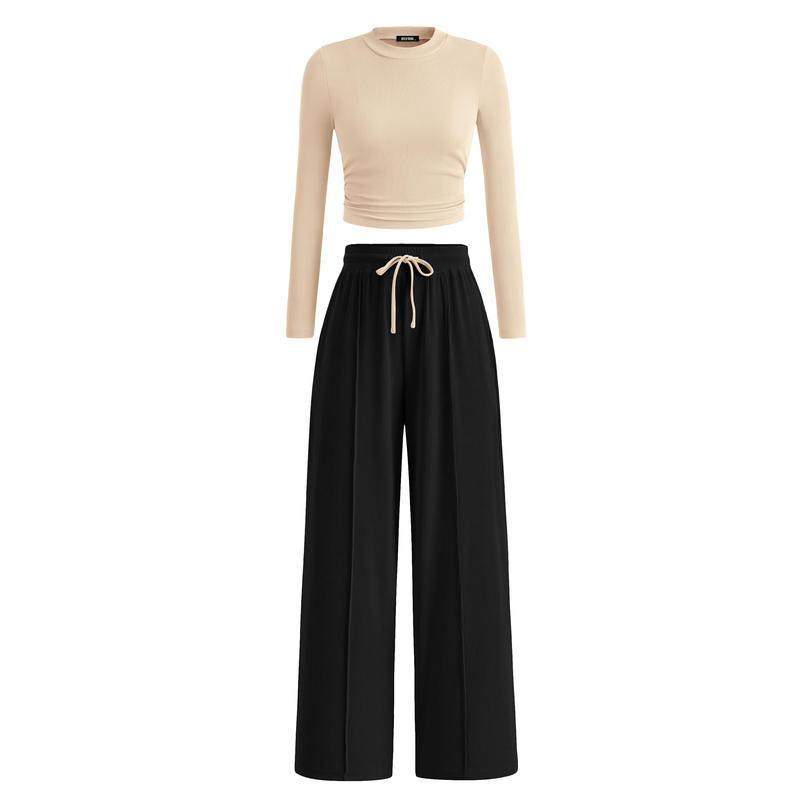 2-Piece Ribbed Knit Long Sleeve Crop Top Wide Leg Pants Matching Lounge Set Loungewear