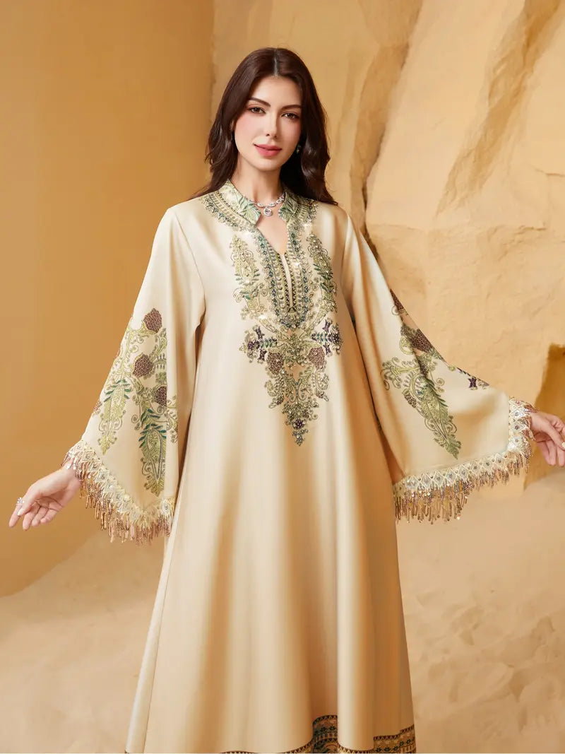 Women's Elegant Long Dress, Loose Fit Ethnic Print, Lace-Up Design, All-Season Wear, Perfect for Evening Occasions & Special Events
