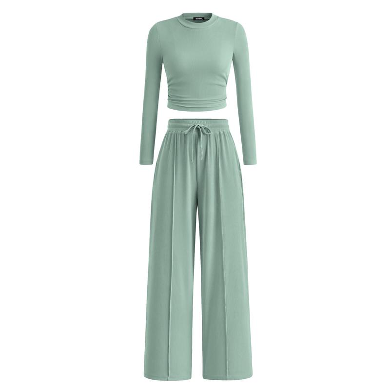 2-Piece Ribbed Knit Long Sleeve Crop Top Wide Leg Pants Matching Lounge Set Loungewear