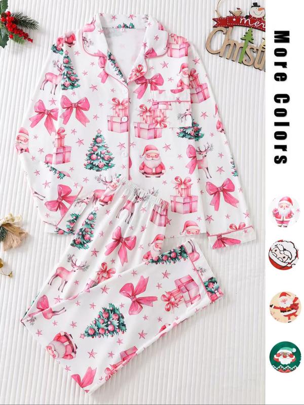 Two-piece Set Women's Christmas Print Button Front Pocket Shirt & Elastic Waist Pants Pyjama, Casual Comfy Long Sleeve Collared Top & Trousers Pyjama Set, Women's Sleepwear for Spring & Fall