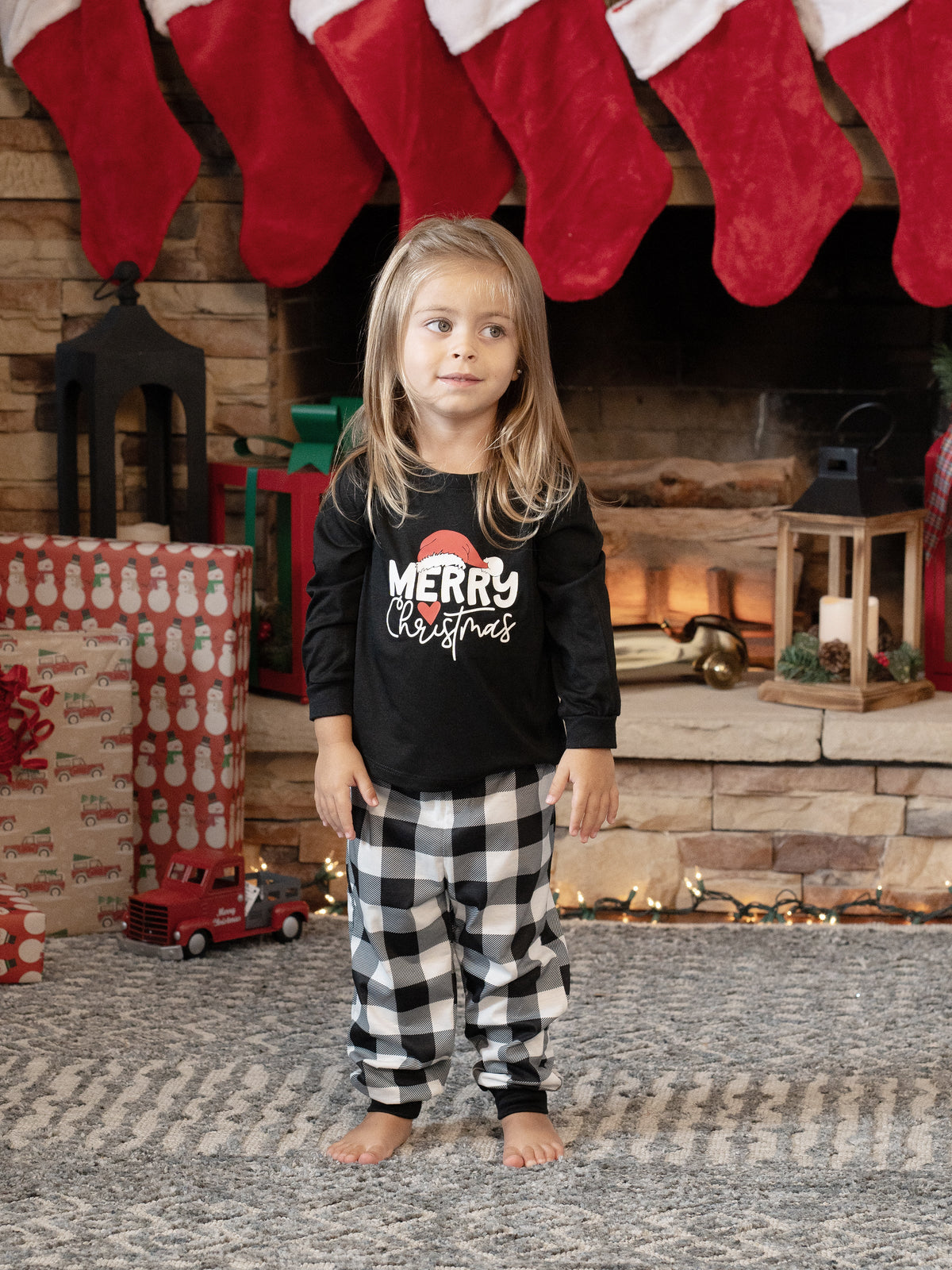 Christmas Family Matching Glow In The Dark Letters Print Long-sleeve Pajamas Sets with Christmas Socks Black+White