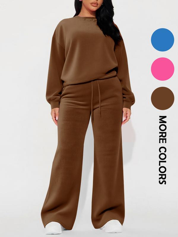 Women's Casual Fashion Long Sleeve Top & High Waist Straight Leg Pants Set, Autumn Winter, Comfortable and Stylish Clothing, Womenswear