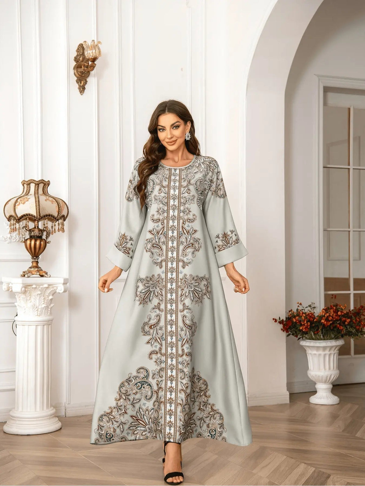 Elegant Boho Muslim Women's Long Robe, All over Print, Loose-Fitting, Round Neck, Flap Sleeves, Long Sleeve, All Seasons