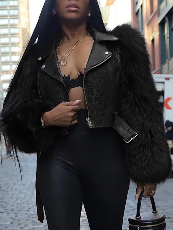 Women's Patchwork Fur Jacket, Crocodile Texture Sleeves, Zipper Design, Casual Biker Style, All Seasons Wear, Stylish & Luxurious Look